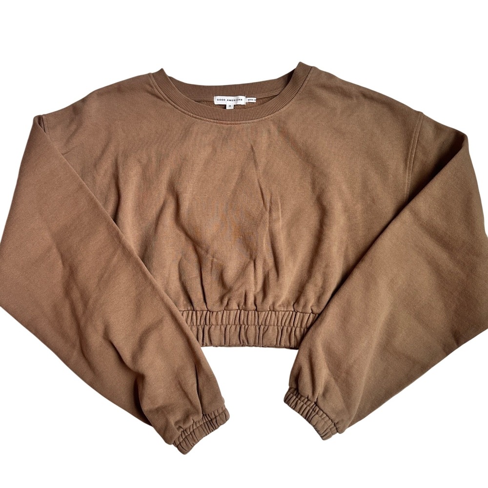 Good American Fleece Crop Waist Sweatshirt Putty Brown Elastic‎ Hem Womens 3 NWT
